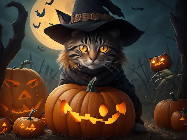 Halloween-Hintergrund mit Katzenkürbiskerzen in einem Wald bei Mondnacht von Artificial Intelli