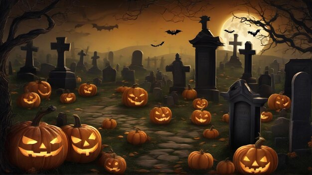 Halloween-Hintergrund mit Kürbis mit glühendem Auge auf dem Friedhof-Nachthimmel