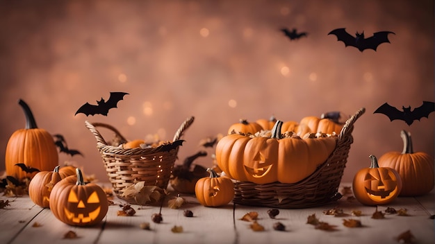 Halloween-Hintergrund mit Kürbissen, Fledermäusen und Süßigkeiten auf einem Holztisch