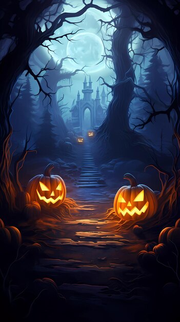 Halloween-Hintergrund mit Kürbissen In der Spukrigen Nacht Horror dunkle mystische Illustration mit Spukhaus