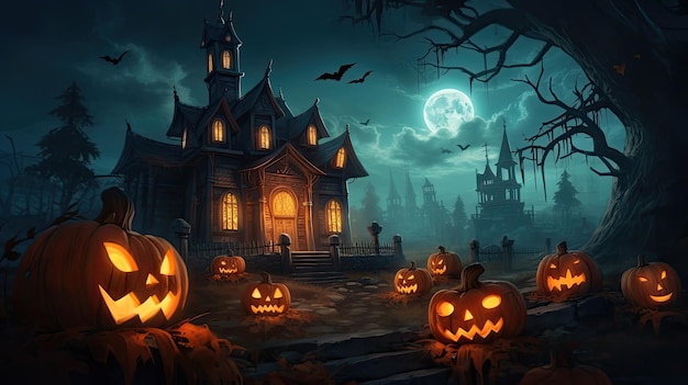Halloween-Hintergrund mit Kürbissen und einem Haus im Hintergrund