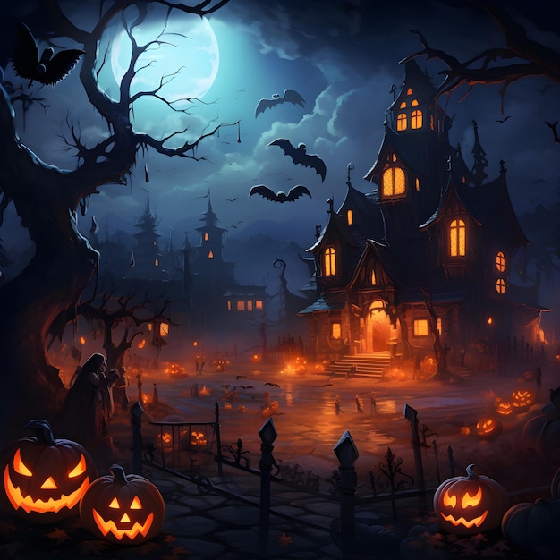 Halloween-Hintergrund mit Kürbissen und einem Spukhaus Vektorillustration Generative KI