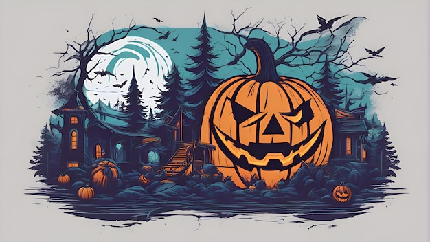 Halloween-Hintergrund mit Kürbissen und einer Spukhaus-Vektorillustration