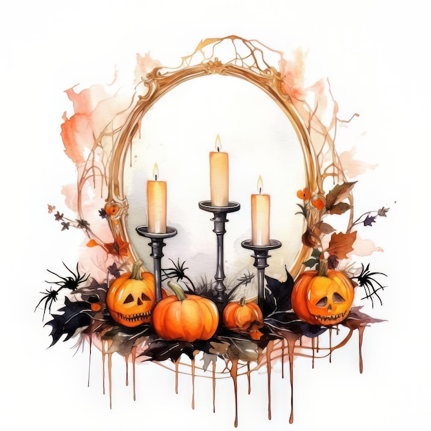 Halloween-Hintergrund mit Kürbissen und Kerzen Aquarell-Illustration