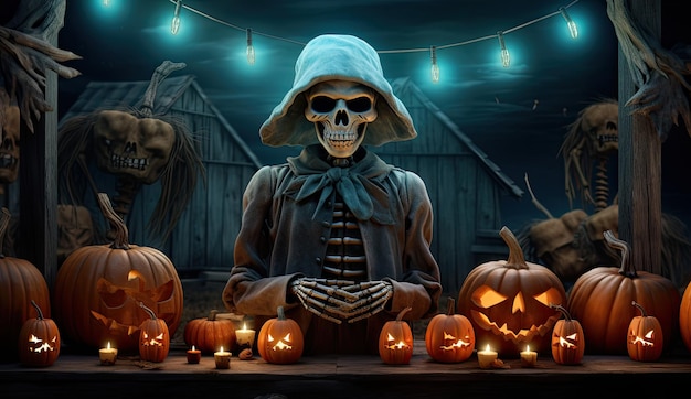 Halloween-Hintergrund mit Kürbissen und Skelett 3D-Rendering