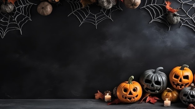 Halloween-Hintergrund mit Kürbisspinnen auf dunklem Hintergrund