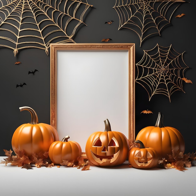 Halloween-Hintergrund mit Kürbisspinnen und leerem Rahmen für Text