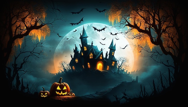 Halloween-Hintergrund mit leuchtenden Kürbissen und Spukhaus Generative ai