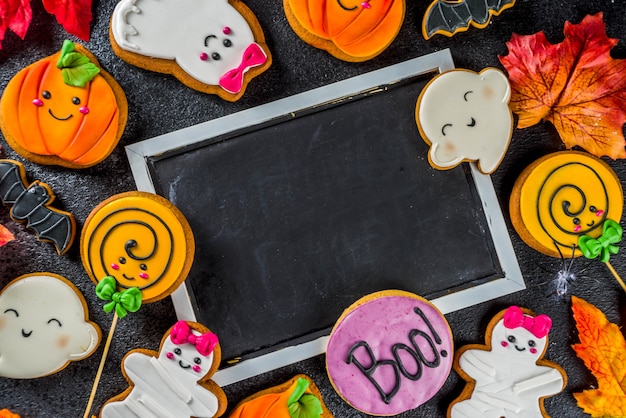 Halloween-Hintergrund mit lustigen Lebkuchen-Plätzchen