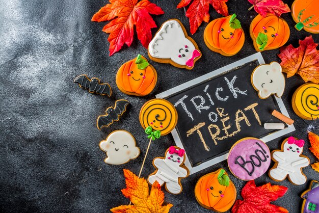 Halloween-Hintergrund mit lustigen Lebkuchen-Plätzchen