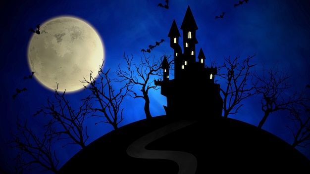 Halloween-Hintergrund mit Schloss und Mond. Frohe Feiertage abstrakte Kulisse. Luxuriöse und elegante 3D-Illustration für Urlaubsvorlage