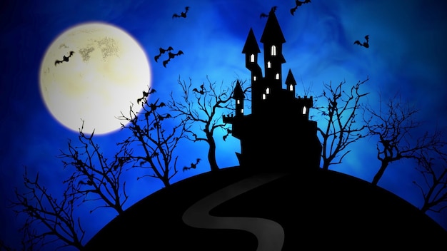 Halloween-Hintergrund mit Schloss und Mond. Frohe Feiertage abstrakte Kulisse. Luxuriöse und elegante 3D-Illustration für Urlaubsvorlage