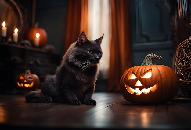 Foto halloween-hintergrund mit schwarzer katzen-geister-kürbis