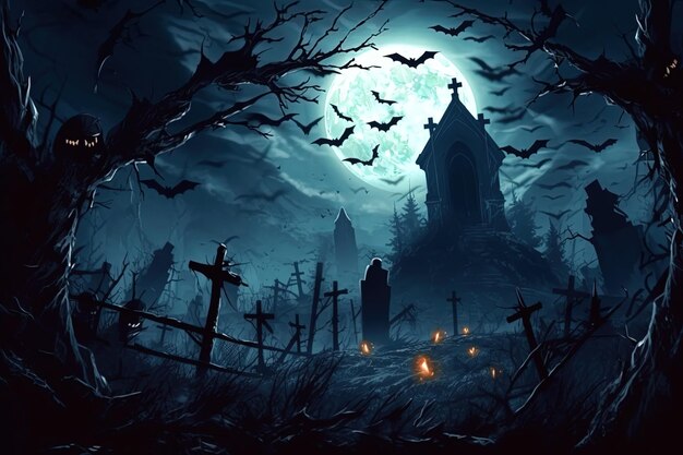Halloween-Hintergrund mit Silhouetten von Zombies auf dem Friedhof, Fledermaus-Schloss und Vollmond-geisterhafter Wald mit AIG-generierten Bildern