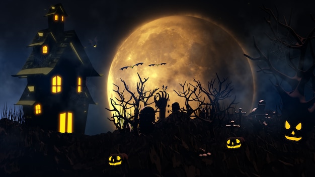 Halloween-Hintergrund mit Spukhaus, Geist, Fledermäusen und Kürbissen