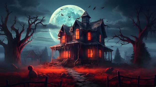 Halloween-Hintergrund mit Spukhaus und Vollmond
