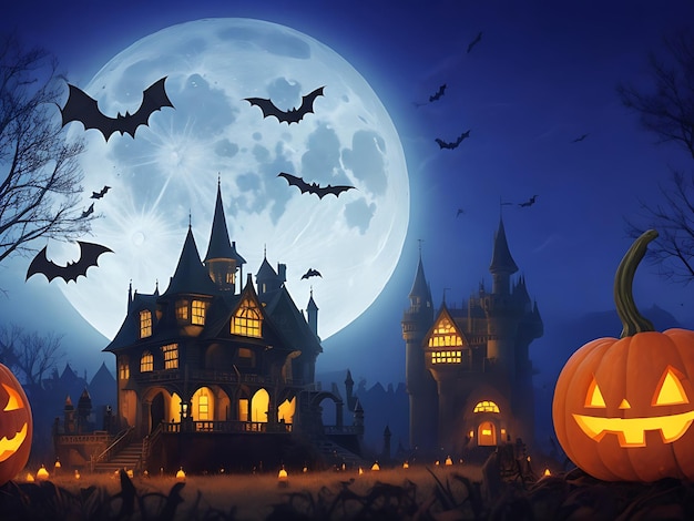 Halloween-Hintergrund mit Spukschloss und Kürbissen, gruseligen Nachtwaldfledermäusen und Mond