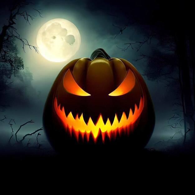 Halloween-Hintergrund Schrecklicher Kürbis mit Mond und dunklem Wald