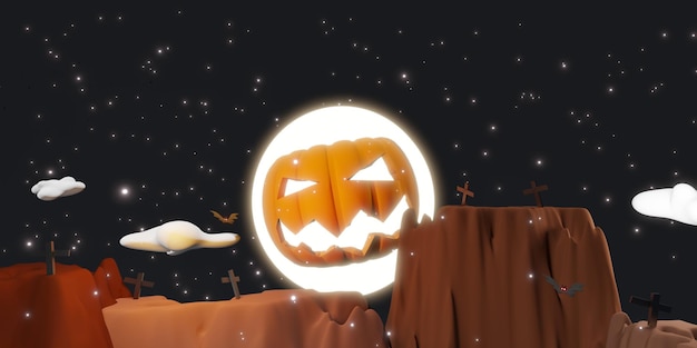 Halloween-Hintergrundkürbis im Himmel und Vollmond 3D-Darstellung