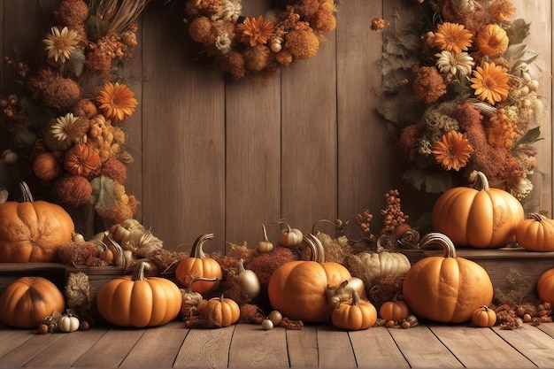 Halloween-Holz-Hintergrund mit Kürbis mit Herbstblume