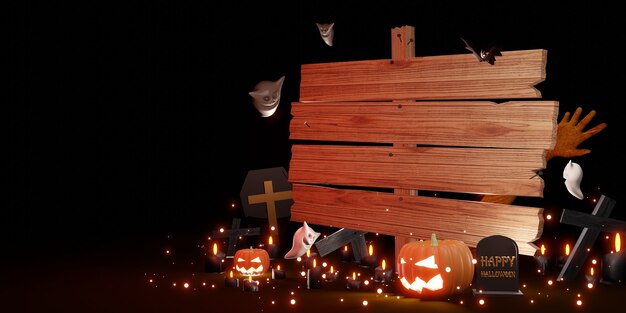 Halloween Holzschild Hintergrund Kürbisse Devils Bats and Spirits 3D-Darstellung