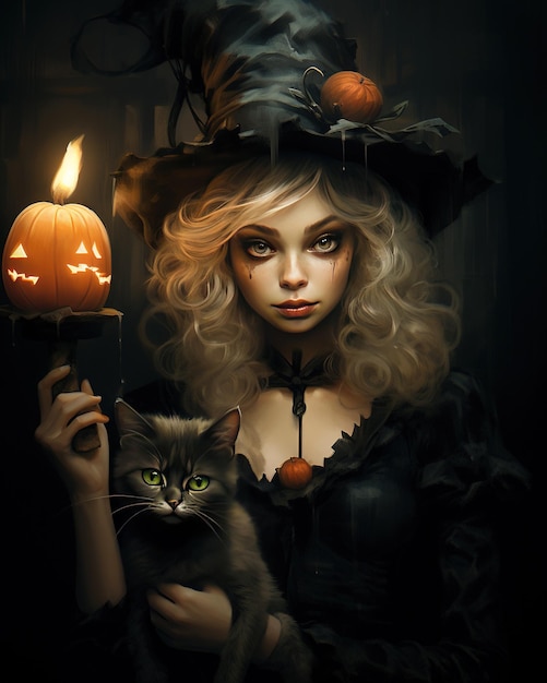 Halloween-Illustration einer jungen Hexe mit ihrer Katze