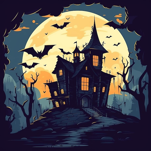 Halloween-Illustration eines Spukhauses auf einem Vollmondhintergrund