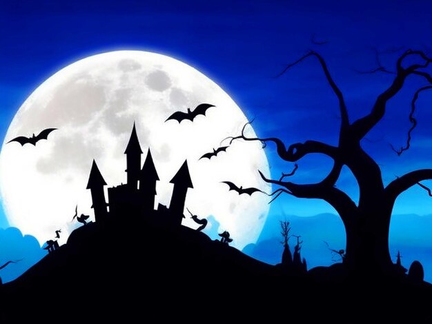 Halloween-Illustration mit Silhouette des Schlosses bei leuchtendem Mond und toten Bäumen in der Nähe von Friedhofskreuz