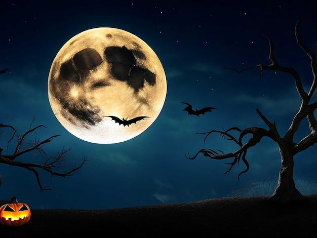 Halloween-Illustration mit Silhouette des Schlosses bei leuchtendem Mond und toten Bäumen in der Nähe von Friedhofskreuz