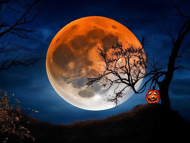 Halloween-Illustration mit Silhouette des Schlosses bei leuchtendem Mond und toten Bäumen in der Nähe von Friedhofskreuz