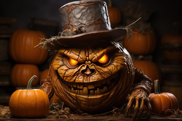 Halloween ist ein lustiger, traditioneller Feiertag. Kürbismonster mit dunklem Hintergrund und Kerzen, Hexerei, Magie
