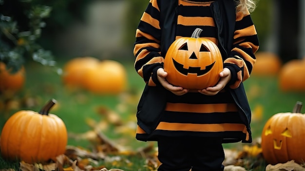 halloween jack o linterna chica sosteniendo una calabaza de halloween en las manos foto en primer plano para la invitación