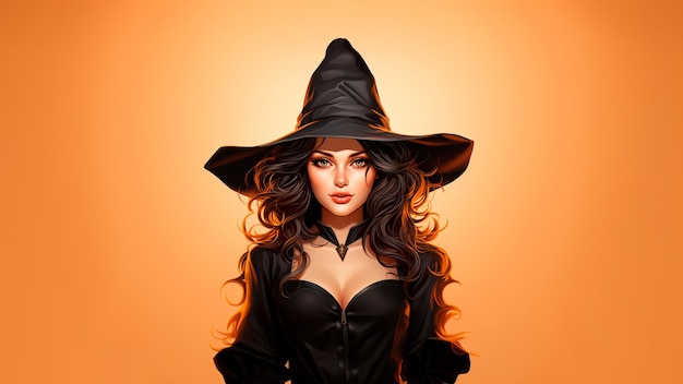 Foto halloween una joven bruja atractiva sobre fondo naranja ia generativa