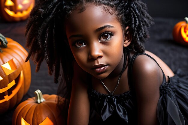 Foto halloween joven negra realista en un traje se encuentra frente a las calabazas