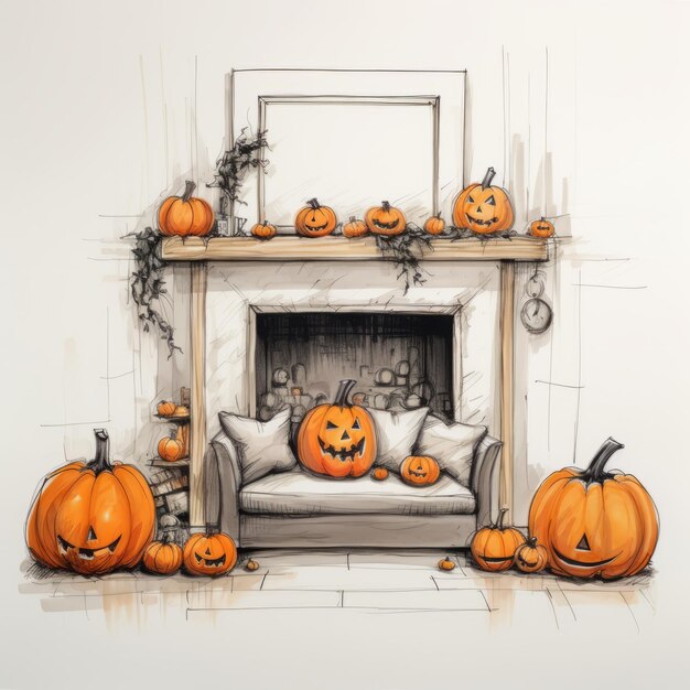 Halloween-Kamin-Sketch mit Holzcouch und Kürbissen