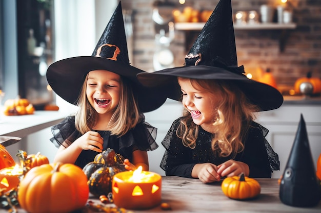 Halloween-Karneval lächelnde kleine Mädchen in Hexenkleidern und Hüten