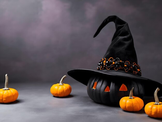 Halloween-Karte mit schwarzem Hexenhut und orangefarbenen Keramikkürbissen auf farbigem Hintergrund