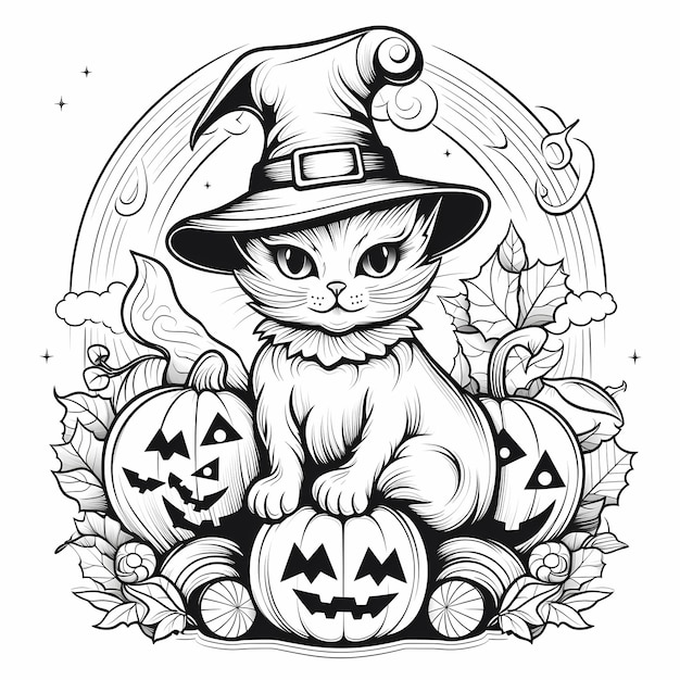 Halloween-Katze-Malseite mit Kürbis und Hexenhut