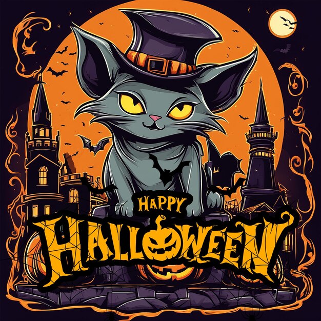 Halloween Katze und Krähe ein Kürbis mehrfarbige klare Buchstaben Halloween vor dem Haus