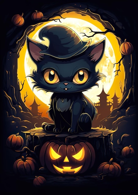 Halloween-Katzenillustration mit Kürbissen im Halloween-Kostüm, Mondlicht-Hintergrund, ai generiert