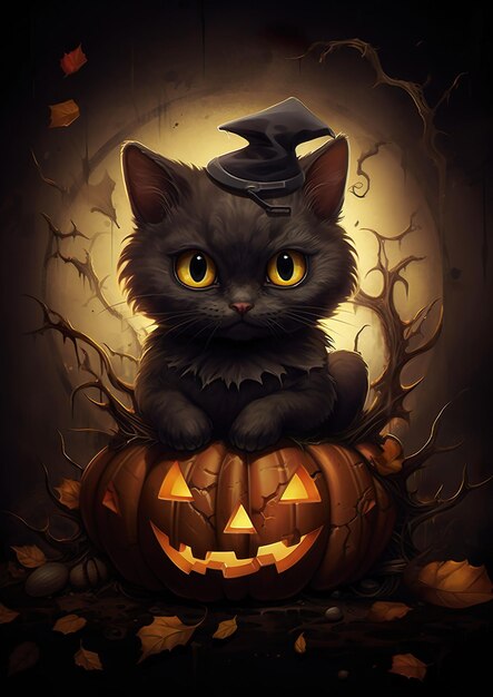 Halloween-Katzenillustration mit Kürbissen im Halloween-Kostüm, Mondlicht-Hintergrund, ai generiert