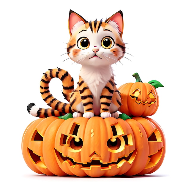 Halloween Kawaii Kittens brincando com uma pequena IA generativa de abóbora