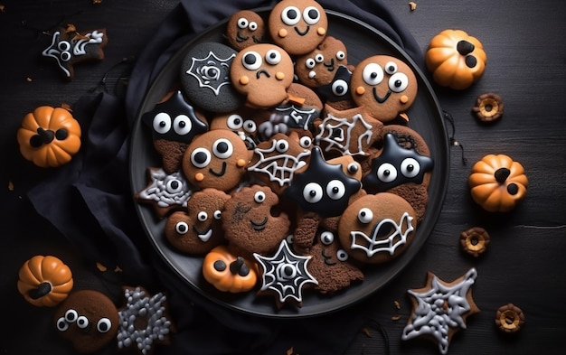 Halloween-Kekse auf einem Teller mit Kürbissen und Spinnennetzen
