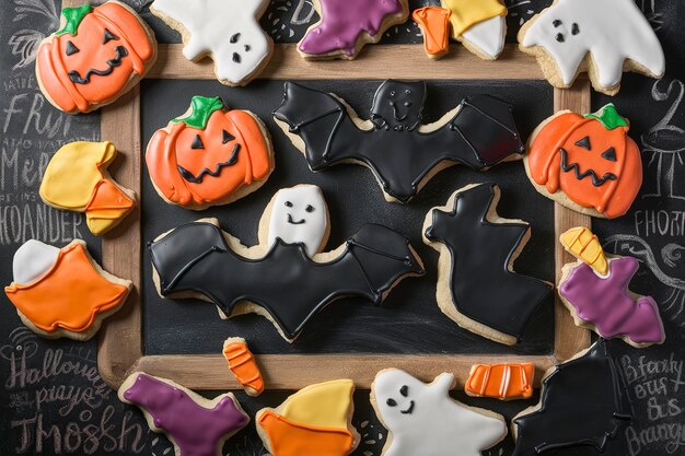 Foto halloween-kekse in form von kürbisfledermausgeist und süßigkeiten mit einer tafel