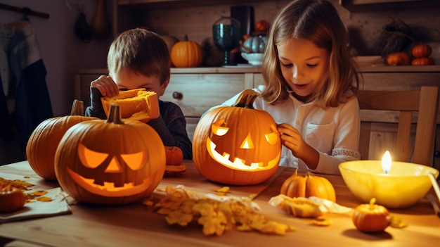 Halloween-Kinder bereiten einen Jackolantern-Kürbis mit Essen für Trickorteater am Tisch vor. Generative KI