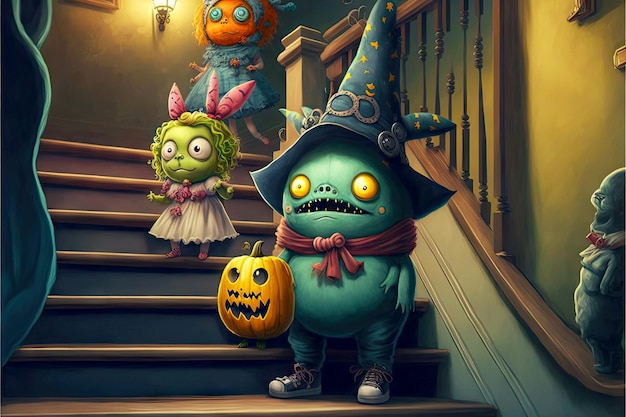 Halloween-Kinder in Kostümen auf der Treppe süße lustige Monster generative ai