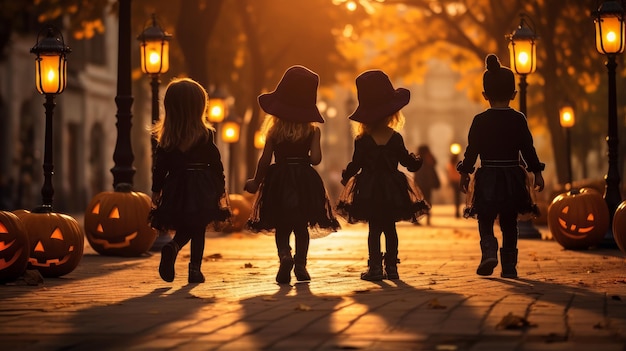 Halloween-Kinder laufen in Kostümen durch die Stadt und sammeln Süßigkeiten