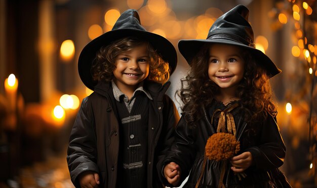 Halloween-Kinder mit Hüten auf dem Hintergrund von Kürbissen. Selektiver Weichzeichner