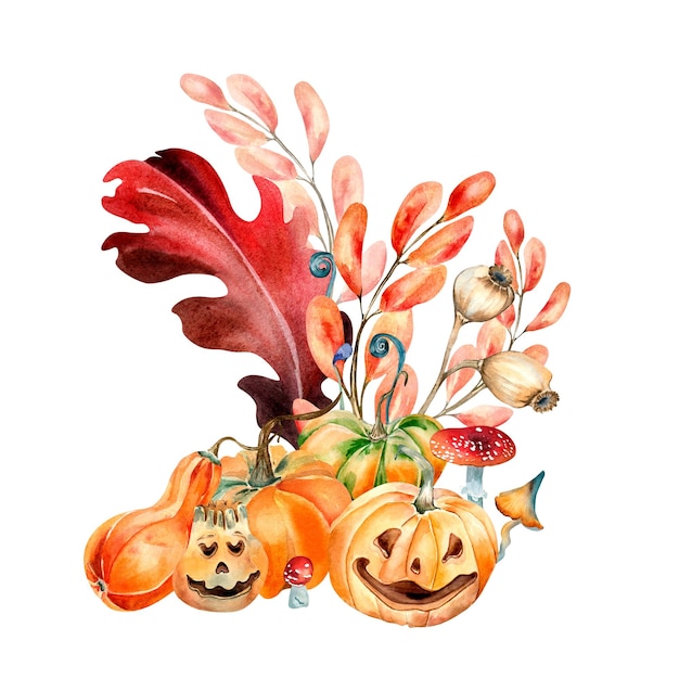 Halloween-Komposition mit bunter Pflanzenaquarellillustration lokalisiert auf weißem Hintergrund