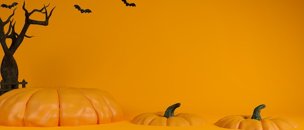 Halloween Konzept Hintergrund mit Kürbissen Fantasy Kürbisse und getrockneten Baum auf gelbem Hintergrund 3D-Rendering